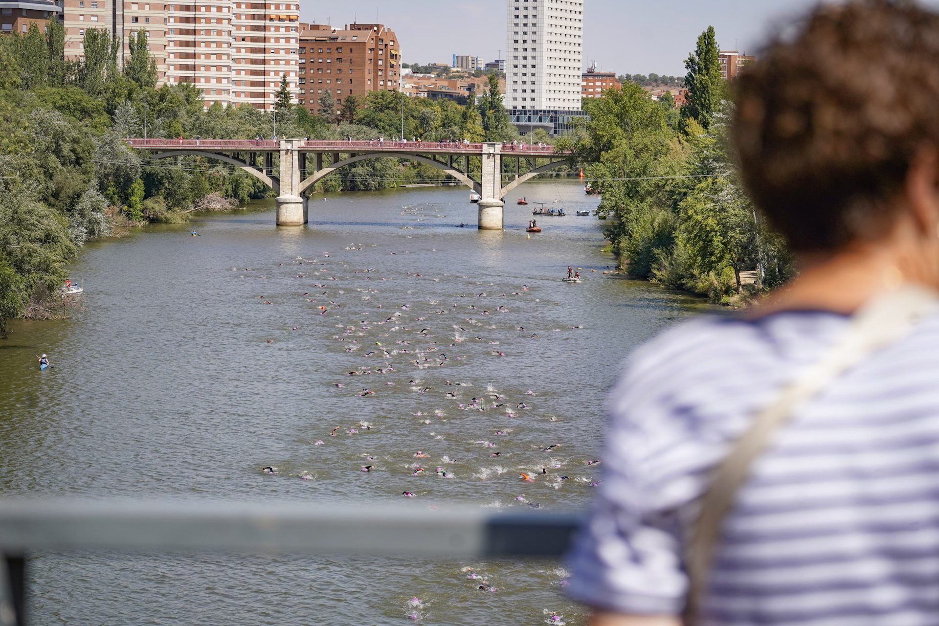 El pelotón de nadadores en el Pisuerga visto desde el puente